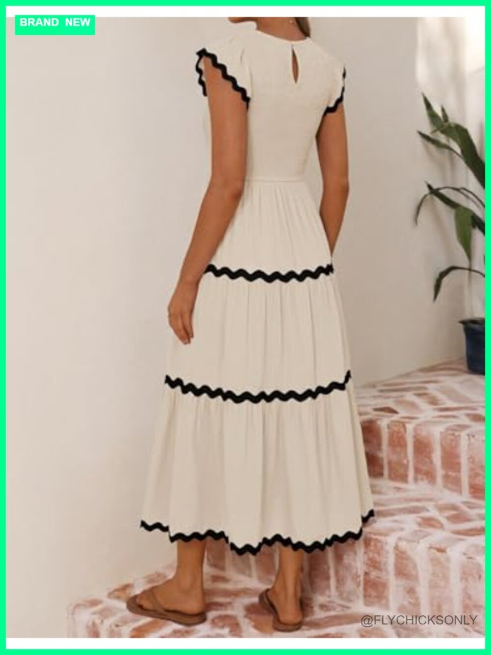 Flutter Short Sleeve Smocked High Waist Midi Dress Tiered Boho Casual - Picture 5 of 7